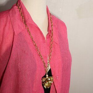 J Crew Rhinestones & Faux-Pearl Flower Pendant on Gold Tone Chain Link Necklace